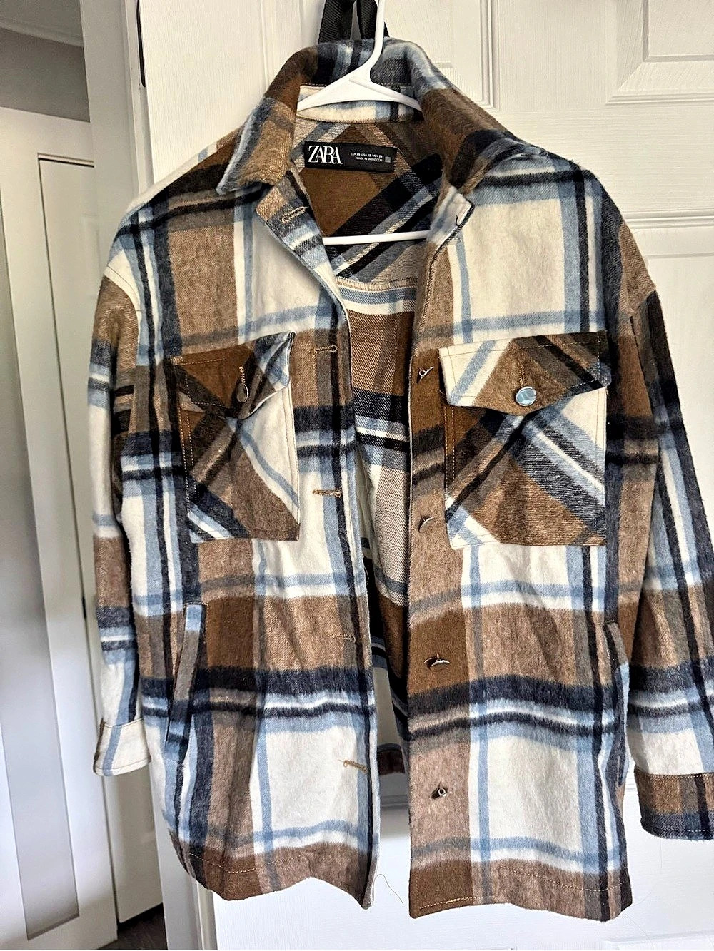 Zara Plaid Jacket in Brown & Blue Size Medium Like New